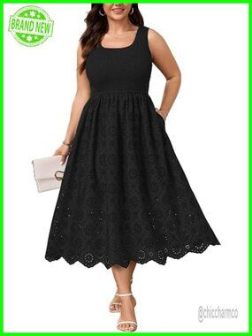 Plus Size Smocked Eyelet Sleeveless Maxi Dress A-Line Summer Boho Beach Dress